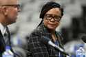 Dallas Mavericks CEO Cynt Marshall looks on as new head coach Jason Kidd speaks at an introductory …